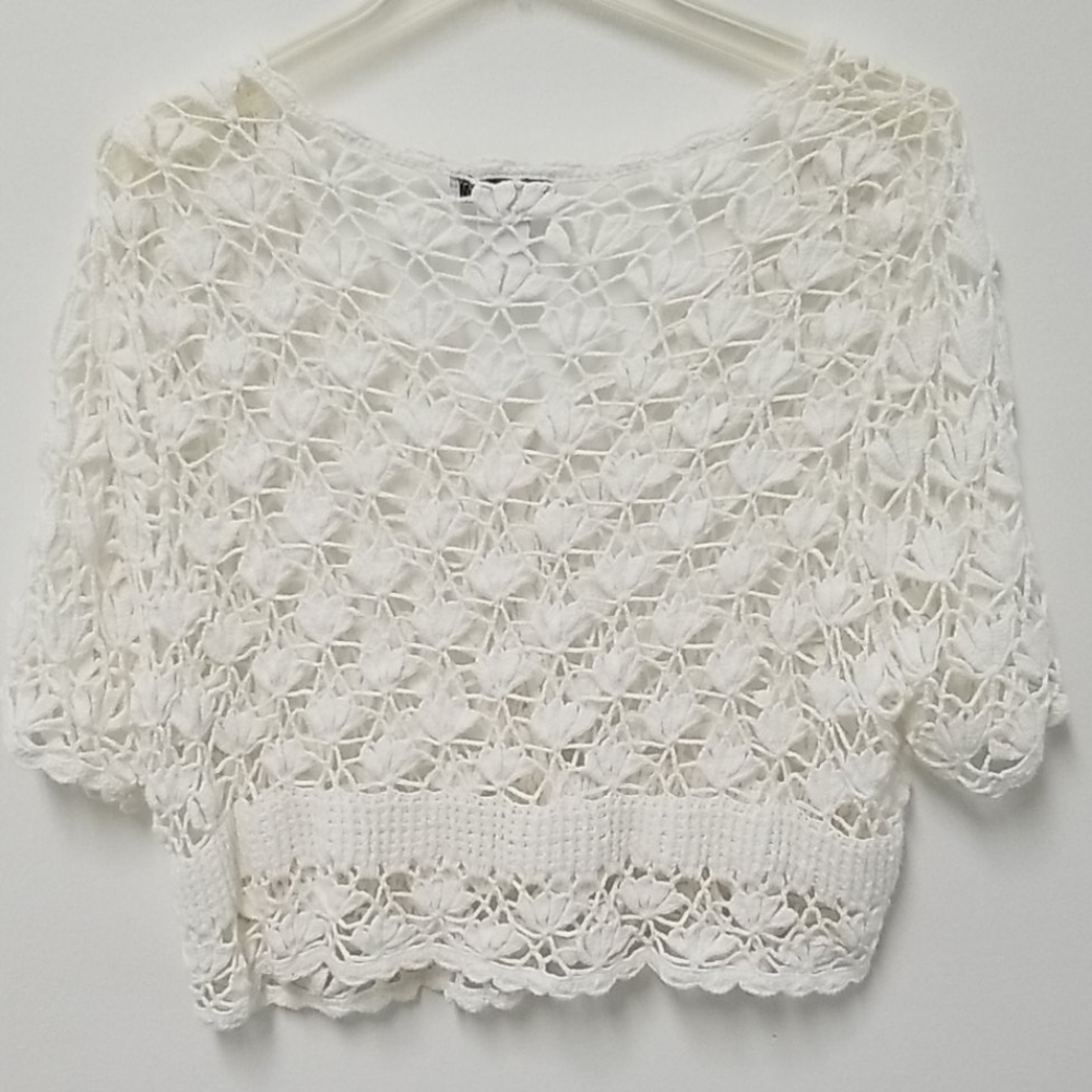 Crochet Cropped Cardigan Sweater Vneck‎ White Coquette Size Large - Picture 5 of 9